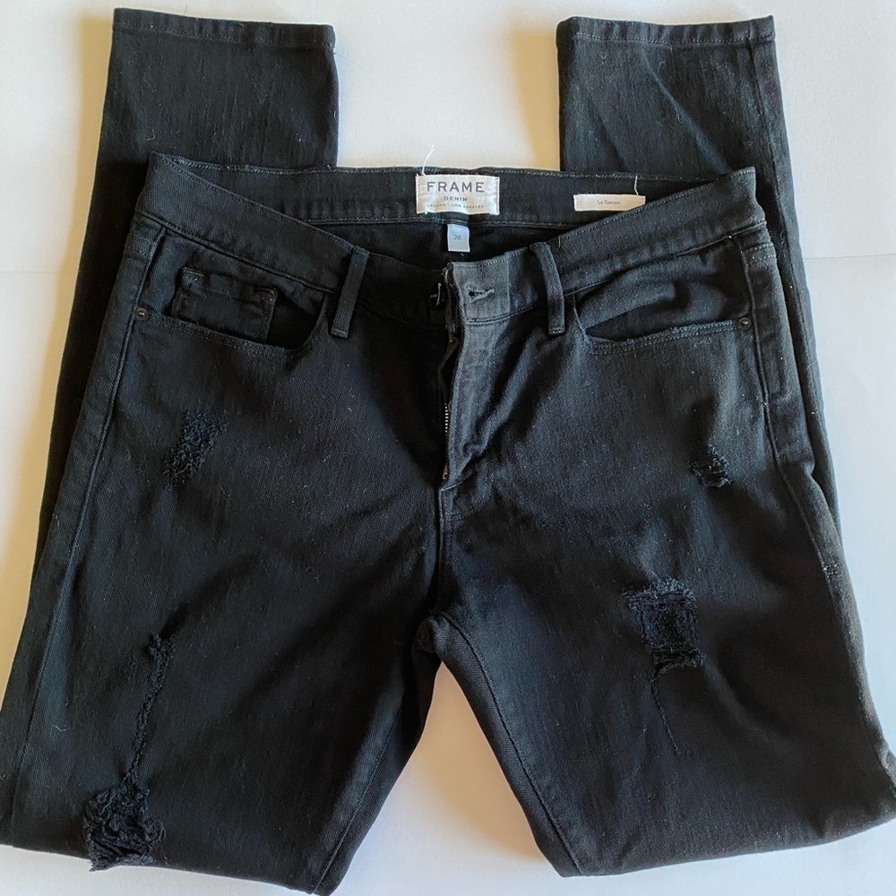 Frame Le Garçon distressed black skinny jeans 28